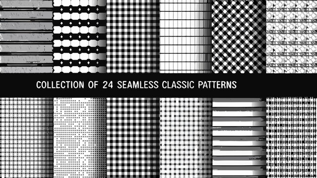 Collection of classic seamless patterns featuring gingham striped and dotted designs in grayscale