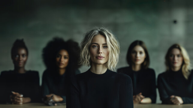 A confident woman with striking blonde hair stands in the foreground, exuding strength and leadership, while a diverse group of equally poised women flank her.