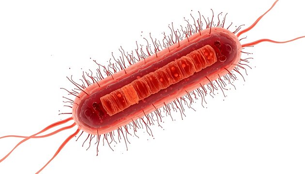 magnified bacterium resembling E. coli, rod-shaped with reddish-orange coloration, surrounded by numerous hair-like pili and fimbriae, with longer flagella appendages