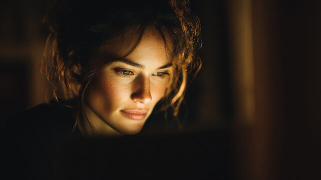 A woman with striking eyes and tousled hair is illuminated by the soft glow of a screen, her thoughtful expression suggesting deep concentration or contemplation in a dimly lit environment.