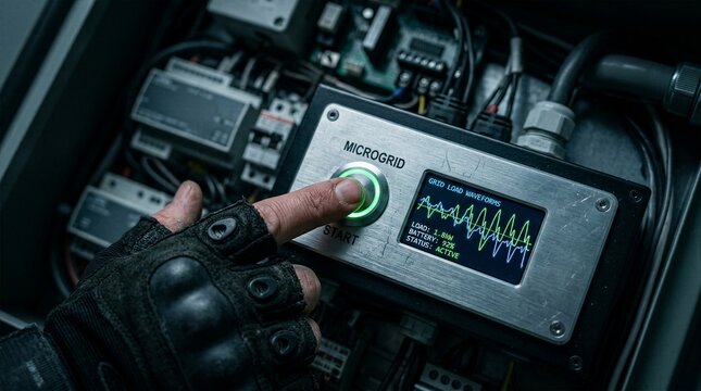 Industrial worker activating smart microgrid system inside electrical cabinet with digital screen showing battery status and load waveforms
