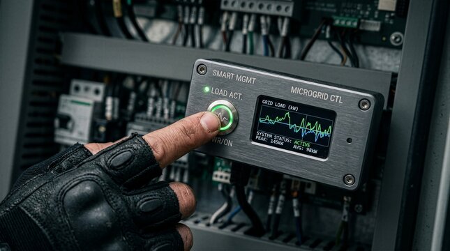 Close up of gloved hand pushing glowing green start button on smart microgrid controller device monitoring electrical grid load capacity