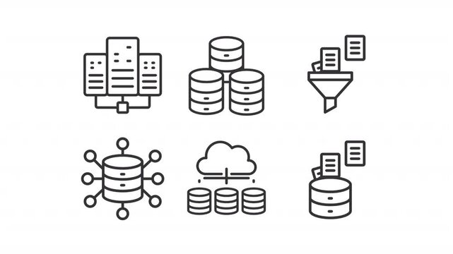 Advanced data storage line animation set. Cloud architecture animated icons. Scalable hosting for enterprise networks. Outline elements on white background. HD video with alpha channel