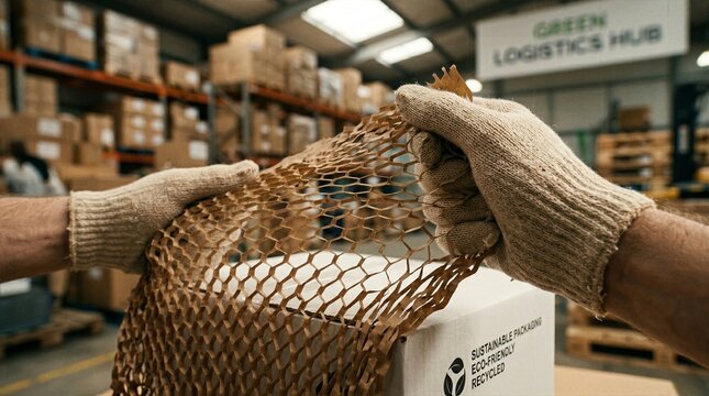 Worker hands holding eco friendly honeycomb wrapping paper over cardboard box in green logistics hub warehouse for sustainable packaging