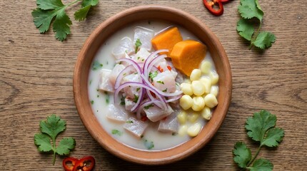 Fototapeta premium Top view of a fresh ceviche with fish, corn, sweet potato, and red onion in clay bowl on wood background.