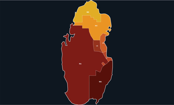 Qatar administrative map with municipalities, colorful regional vector map of Qatar, middle east country silhouette with borders and labels