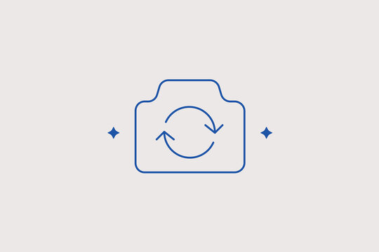 Digital camera with internal circular rotation arrows line icon for camera flipping mode, smartphone camera switch. Modern vector illustration for social media blogging.