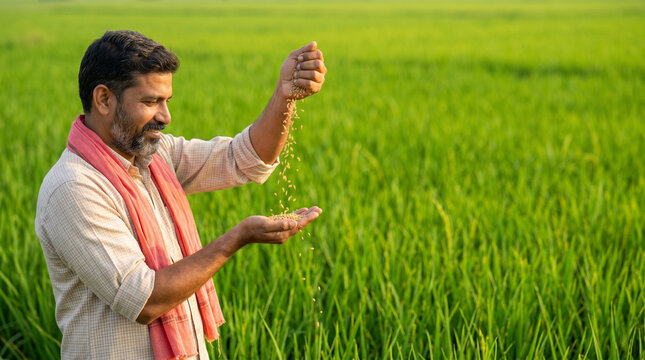 indian rice farmer examining harvested paddy grains for crop quality government support and agricultural development concept