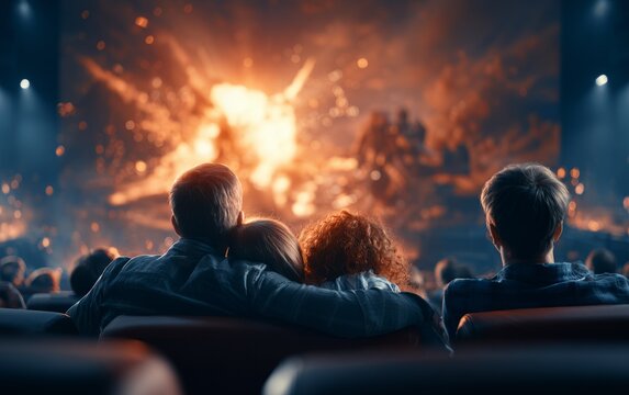 Friends Enjoying Movie Night Together in Front of Massive IMAX Screen