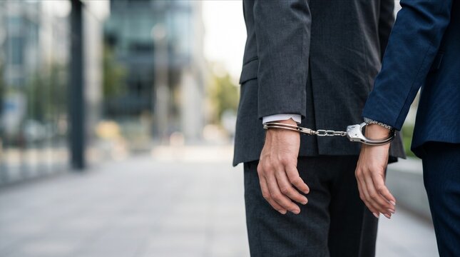 Business man and woman handcuffed together symbolizing corporate conspiracy financial fraud corruption partnership and shared accountability