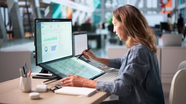 Business Manager Reviewing Integrated ERP Software Data