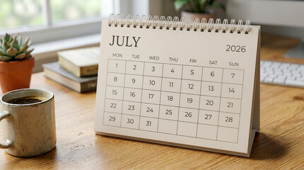 July 2026 desk calendar stands on a wooden table next to a coffee mug, books, and plants in a cozy office setting. © Ibnu Fatah
