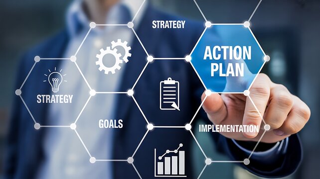 
Businessman touching action plan interface with strategy goals and implementation concept