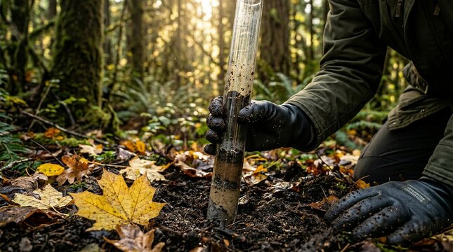 Environmental scientist taking soil core sample with clear tube in autumn forest for ecological analysis and research