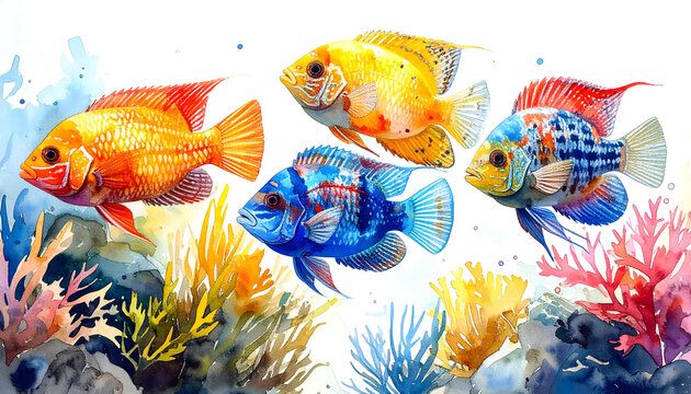 African cichlid species displaying bright colors and territorial behavior in a professional soft vibrant tropical aquarium breeding watercolor painting atmosphere generative AI