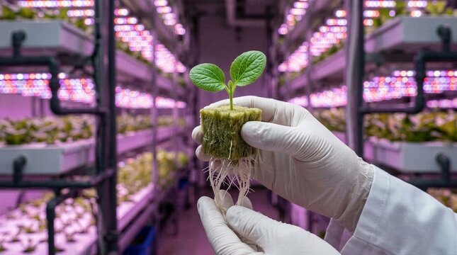 Close up of researcher hands inspecting young sprout grown in rockwool cube under pink artificial lighting inside smart agricultural lab