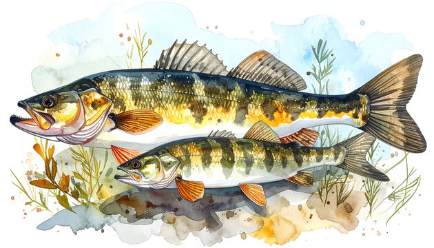 Perch and pikeperch varieties displaying distinctive predatory markings in an educational soft natural european freshwater aquatic predatory illustration watercolor painting atmosphere generative AI