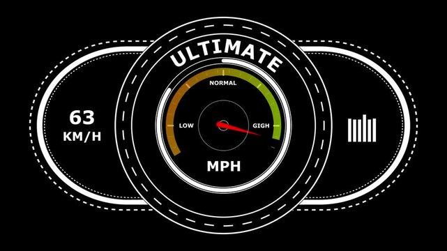 Digital dashboard gauge showing ultimate status with speedometer and kilometers per hour display on a dark background for automotive interface