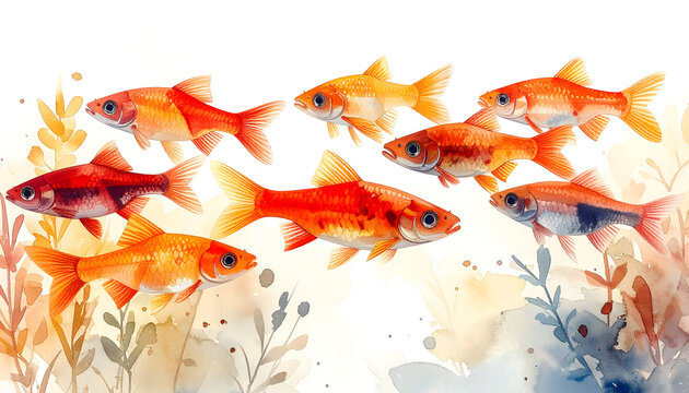 Rasbora species displaying small schooling group behavior in a warm soft professional educational aquatic beautiful freshwater aquarium illustration watercolor painting atmosphere generative AI