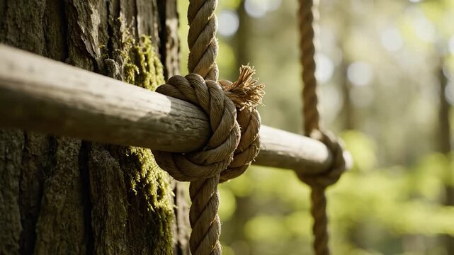 Close up of heavy rope knot tied to wooden rung on tree in sunny forest