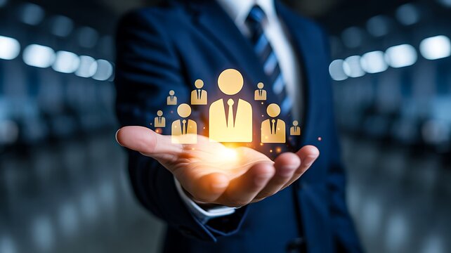 Businessman holding team icons representing leadership and workforce management