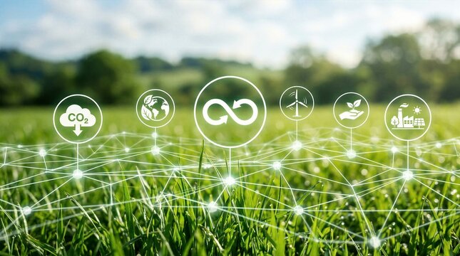 Green sustainable development concept, circular economy network with environmental technology icons, corporate ESG strategy, energy transition, carbon reduction and climate action background