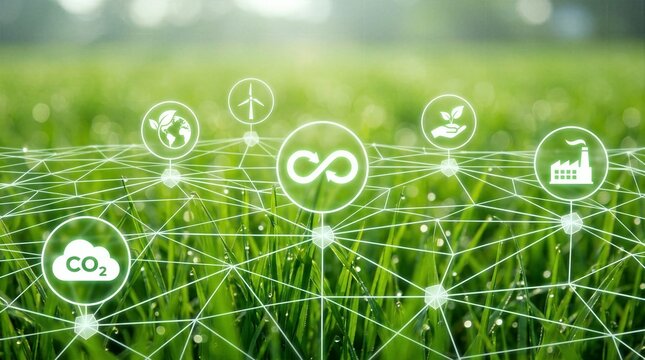 Green energy and sustainable development concept, digital circular economy network connection, environmental technology and carbon reduction background, corporate ESG strategy, energy transition, gree