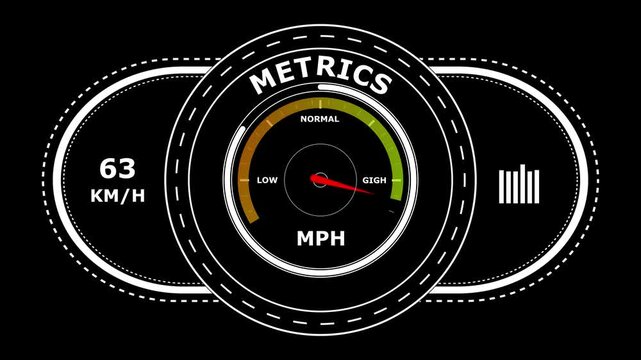 Digital metrics dashboard interface with speedometer gauge showing speed and performance metrics on a dark background for data visualization