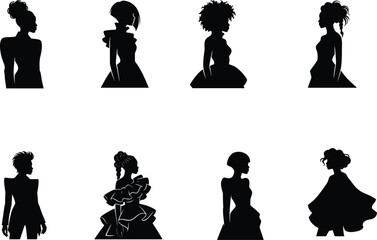 Black Female Silhouettes Vector Collection Featuring Diverse Hairstyles Fashion Poses and Elegant Woman Profile Portrait Set © Sarjina