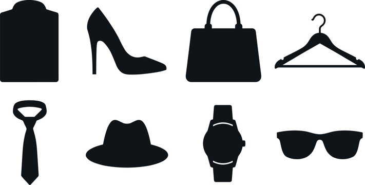 Fashion and clothing accessories icon set featuring high heels handbag hanger necktie hat wrist watch and sunglasses silhouettes