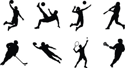 Team sports and athletic games vector silhouettes set featuring basketball soccer volleyball baseball hockey football tennis lacrosse © Khadija
