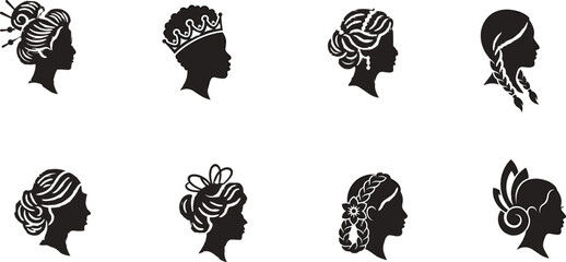 Elegant Female Profile Silhouettes Vector Collection with Diverse Hairstyles Princess Crown Braids and Fashion Hair Icons © Sarjina