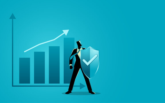 Businessman protecting business growth with shield, secure investment, financial security and risk management concept