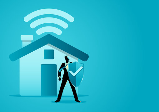Businessman holding a shield in front of a smart home with wireless WiFi connection. Home security services, smart home protection, property insurance, and professional protection solutions concept.