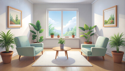 Fototapeta premium Interior scene depicts two chairs and plants by a sunny window overlooking landscape