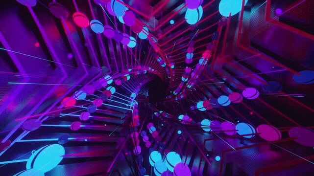 Seamless digital star vortex with rhythmic motion and glowing geometric elements, creating a deep perspective background for stage screens and event displays.