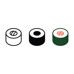 Maki sushi roll vector icon set in three distinct styles including outline solid and flat design with japanese restaurant collection illustration © rumonpix