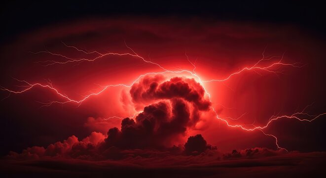 A powerful red thunderstorm illuminates the midnight sky with sharp crimson lightning bolts flashing through swirling dark storm clouds, atmospheric, striking, danger
