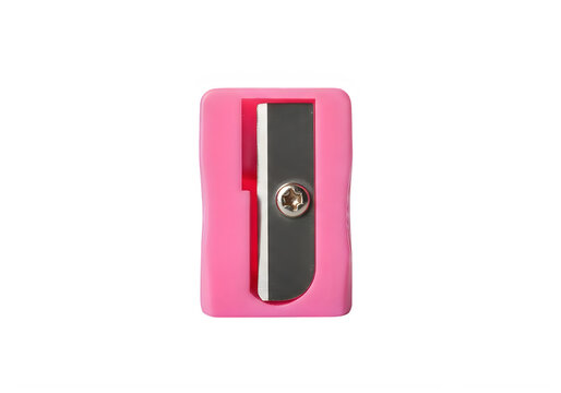 Pink pencil sharpener with metal blade and screw on white background transparent background