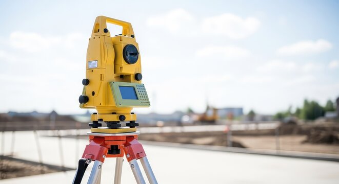 A yellow precision theodolite stands on a metal tripod at a bright outdoor construction zone, focusing on land development and mapping, industrial, elevation, theodolite