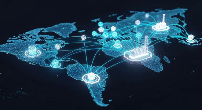 Abstract digital world map featuring luminous blue lines connecting resource hubs to electric vehicle manufacturing nodes with tech style, connectivity, vehicle, mining