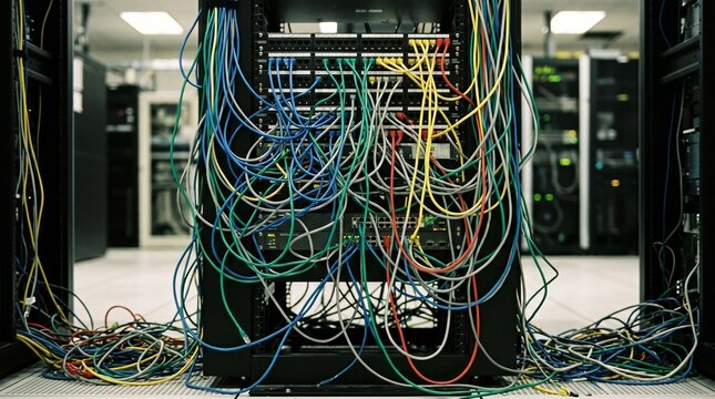 Chaotic and messy network cables tangled in a server rack within a data center