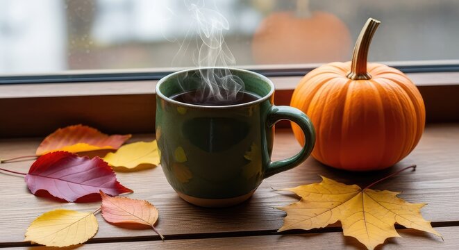 Cozy ceramic mug of steaming hot tea on a wooden windowsill with a small orange pumpkin and fallen autumn leaves during a chilly day, decoration, lifestyle, indoor