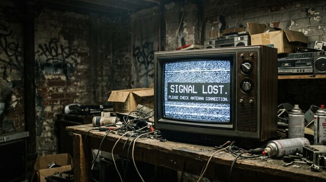 Vintage CRT television displaying signal lost message in a dark cluttered basement workshop with graffiti walls and old electronics