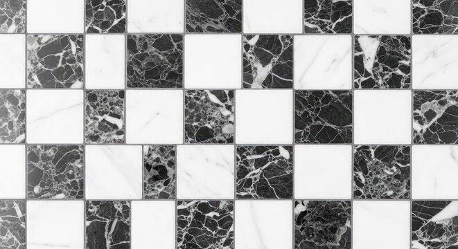 Elegant view of old-fashioned monochrome marble tiles in a checkerboard pattern, showing fine stone grains and a timeless decorative style, material, texture, checkered