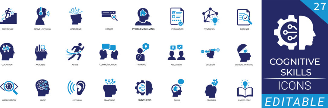 Cognitive Skills Solid Icon Set with Brain Training, Mental Logic, Memory, Problem Solving Glyphs for Web