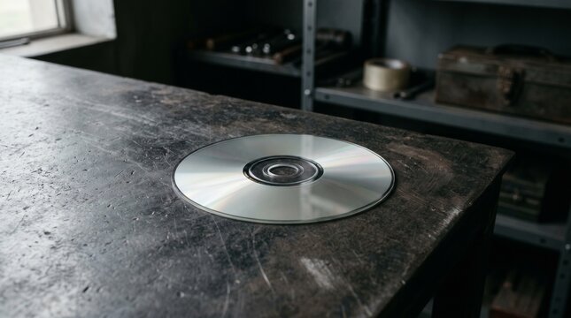 Single Compact Disc Lying on a Dark Weathered Metal Workbench in a Workshop Garage