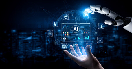 Fototapeta premium An advanced AI assistant demonstrates its own generative platform. The interface shows how this smart technology can create various forms of digital content and automate tasks. Fermion