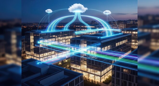 Glowing data streams connect modern glass buildings on a smart campus at night, showcasing advanced IoT networking and digital technology, architecture, cloud, electronic