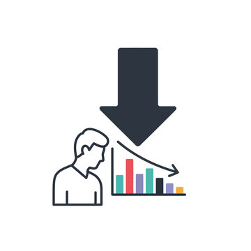 Person facing a downward arrow and declining bar chart, representing financial downturn and negative economic trends on isolated white background.